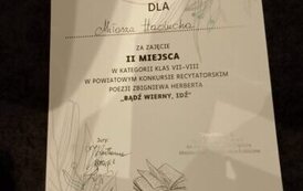 Sukces ucznia Szkoły Podstawowej im. Marii Konopnickiej w Pisarowcach w III Powiatowym Konkurskie Recytstorskim 1