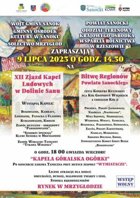 Zapraszamy 9 lipca na rynek w Mrzygłodzie! XII Zjazd Kapel Ludowych w Dolinie Sanu oraz Bitwa Regionów Powiatu Sanockiego