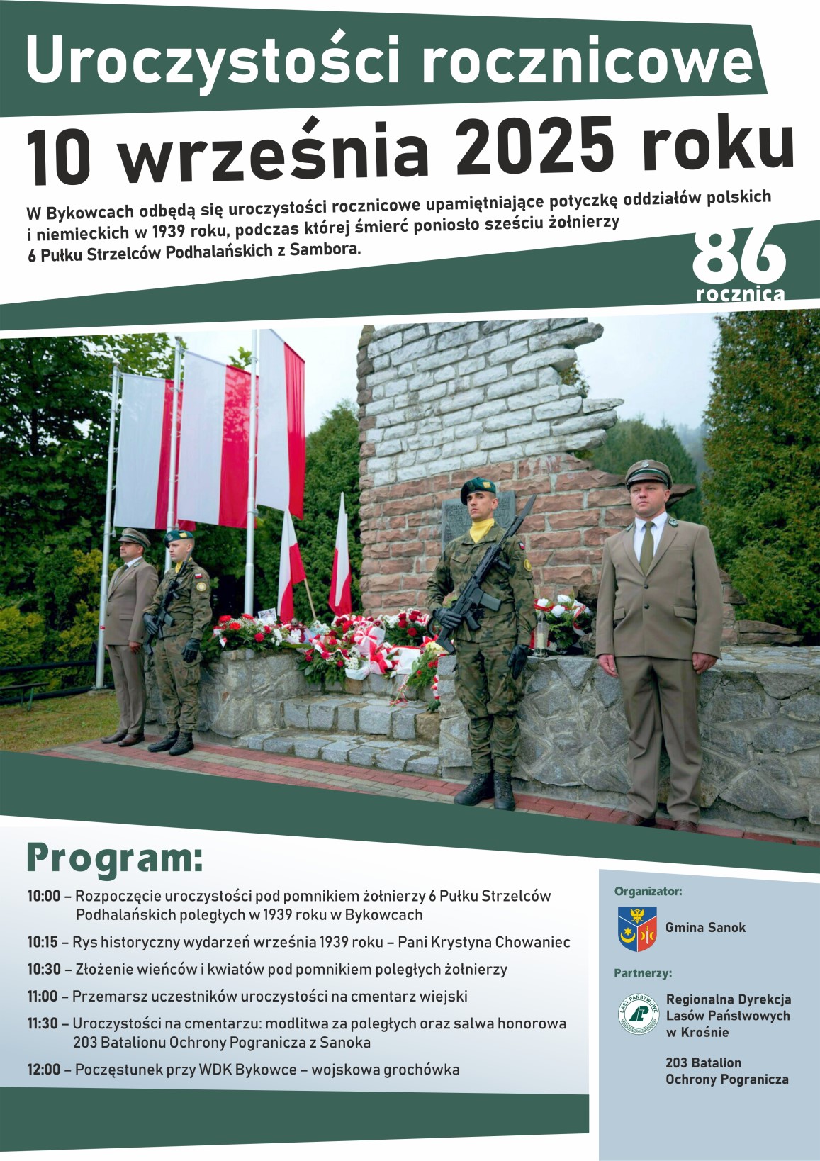 plakat zaproszenie na&nbsp;uroczystości rocznicowe upamiętniające żołnierzy poległych w&nbsp;1939 roku w&nbsp;Bykowcach