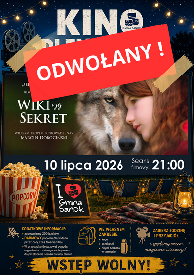 plakat odwołane kino plenerowe 10 lipca 2026 w&nbsp;Srogowie G&oacute;rnym