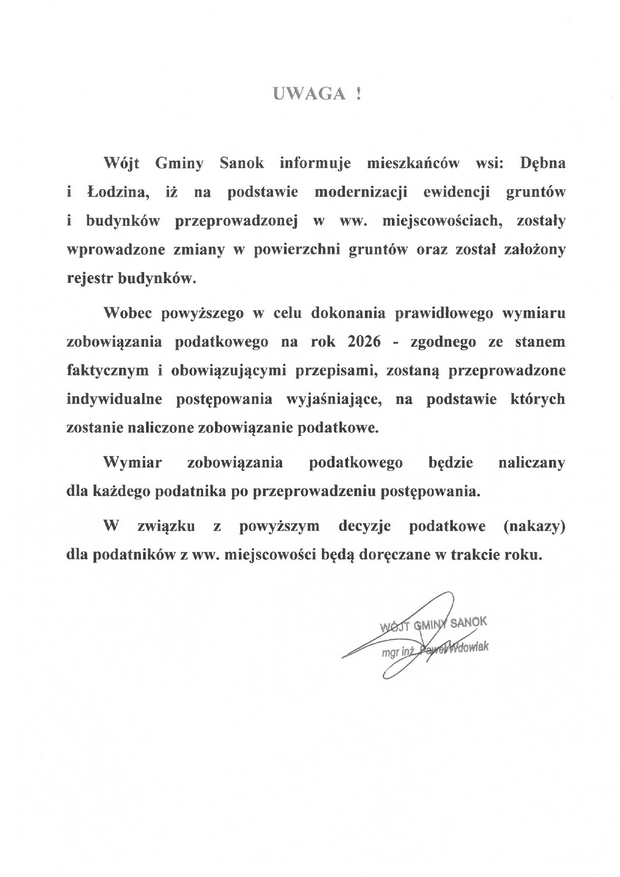 informacja dla mieszkańc&oacute;w Dębna i&nbsp;Łodzina - podatki 2026 rok