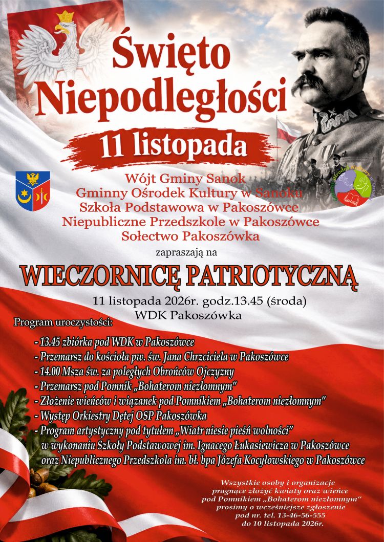 plakat Gminne obchody Narodowego Święta Niepodległości 2026 w&nbsp;Pakosz&oacute;wce