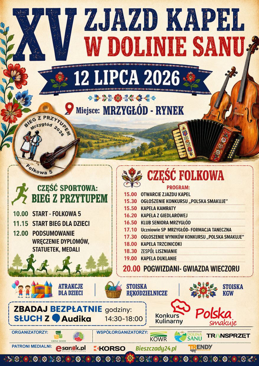 plakat XV Zjazd Kapel Ludowych w&nbsp;Dolinie Sanu 12 lipca 2026