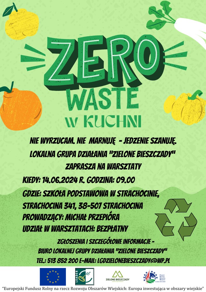 plakat informacyjny warsztaty ZERO WASTE W KUCHNI w&nbsp;Szkole podstawowej w&nbsp;Strachocinie
