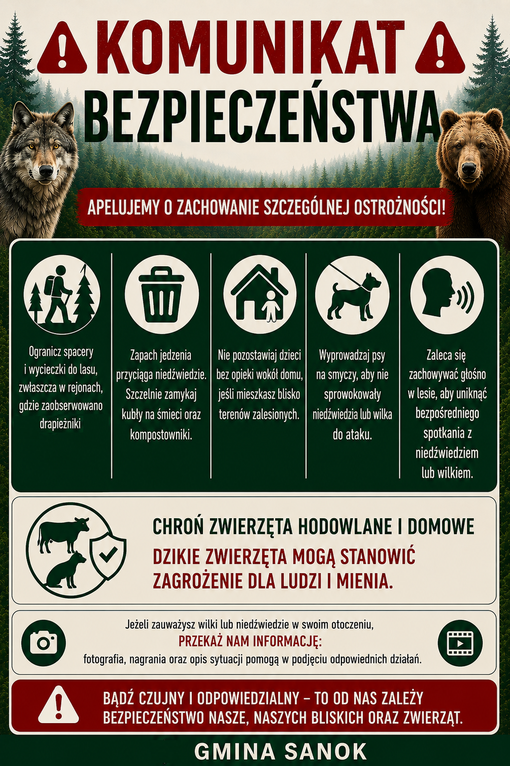 plakat apel o&nbsp;zachowanie ostrożności - wilki i&nbsp;niedźwiedzie
