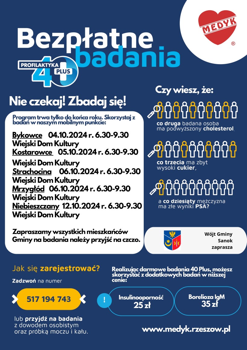 plakat informacyjny bezpłatne badania profilaktyka 40+ na&nbsp;terenie gminy Sanok