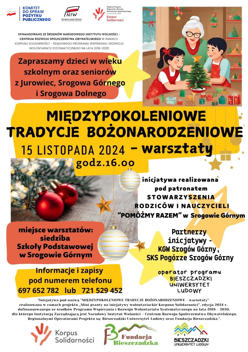 plakat informacyjny warsztaty "Międzypokoleniowe Tradycje Bożonarodzeniowe" 15 listopada 2024 r.