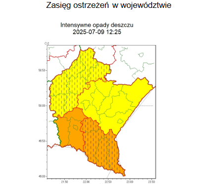 mapka ostrzeżenie IMGW na&nbsp;9 lipca 2025 r.