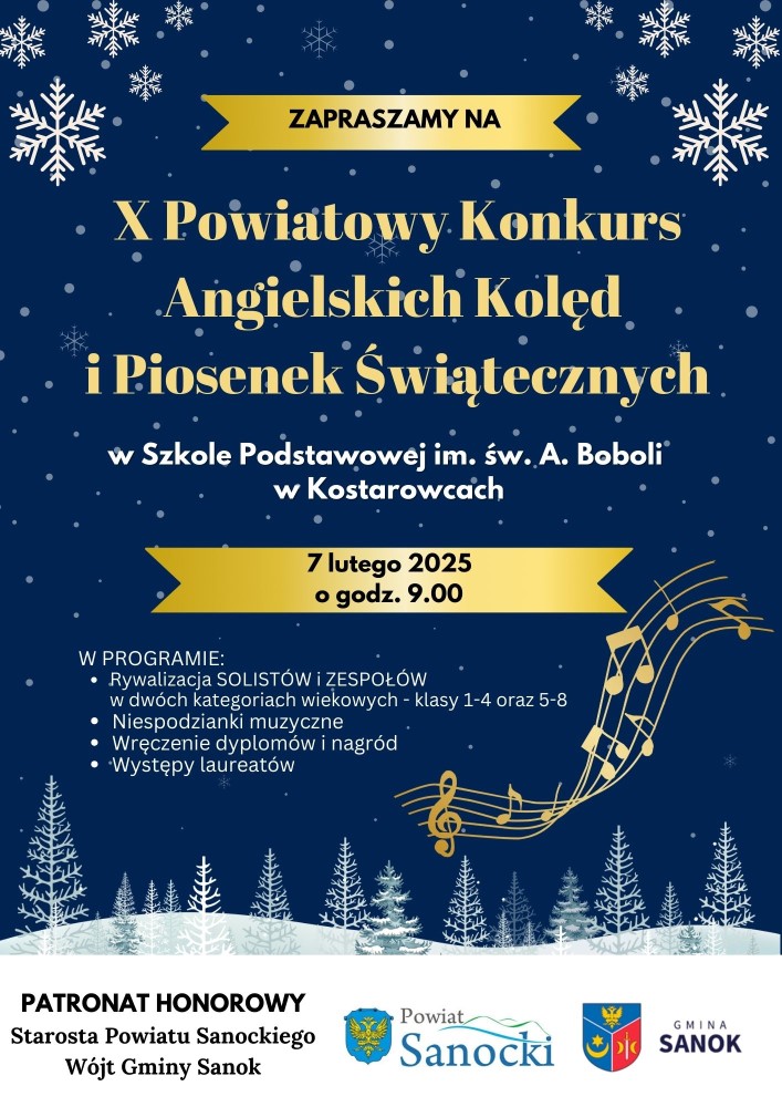 plakat zaproszenie do udziału w&nbsp;X edycji Powiatowego Konkursu Angielskich Kolęd i&nbsp;Piosenek Świątecznych 