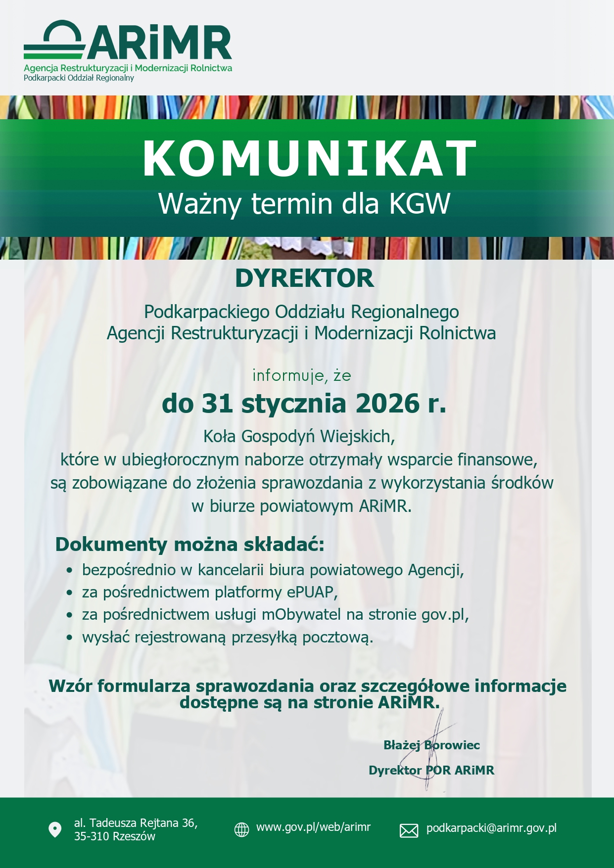 plakat informacja ARIMR dla KGW