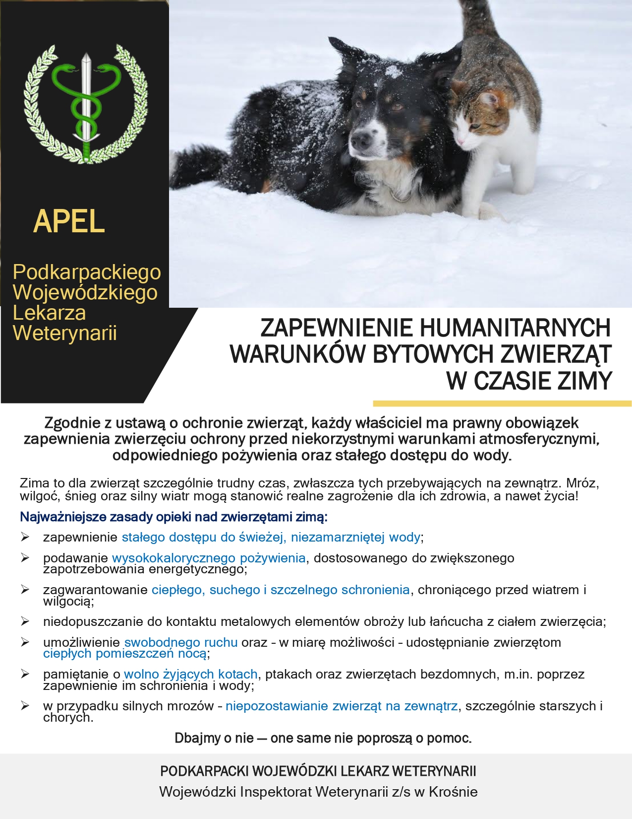 plakat Apel PWLW o&nbsp;zapewnienie humanitarnych warunk&oacute;w bytowych zwierząt w&nbsp;czasie zimy