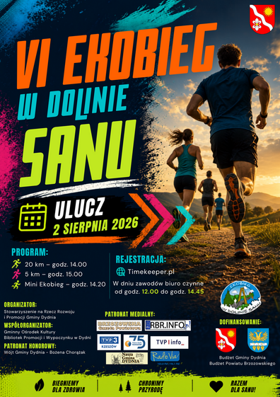 plakat informacyjny VI Bieg w&nbsp;Dolinie Sanu- gmina Dydnia 2 sierpnia 2026