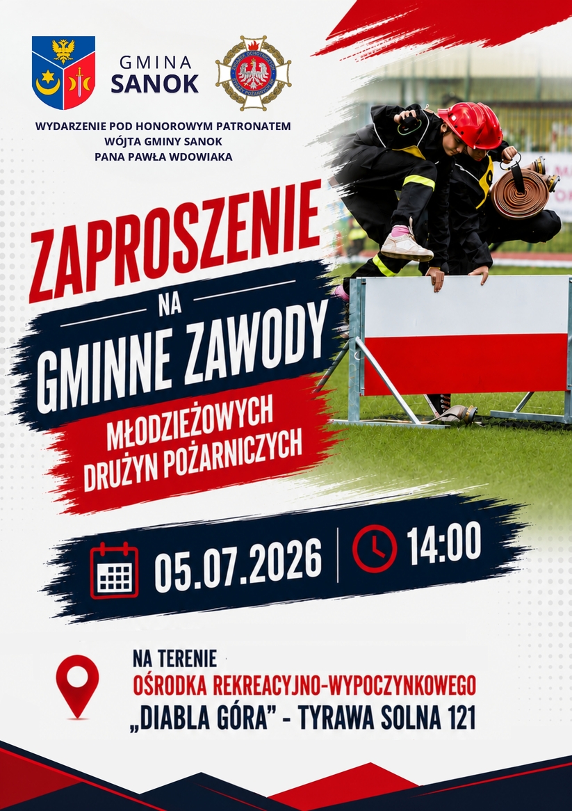 Plakat zaproszenie na&nbsp;Gminne Zawody Młodzieżowych Druzn Pożarniczych 2026 w&nbsp;Tyrawie Solnej