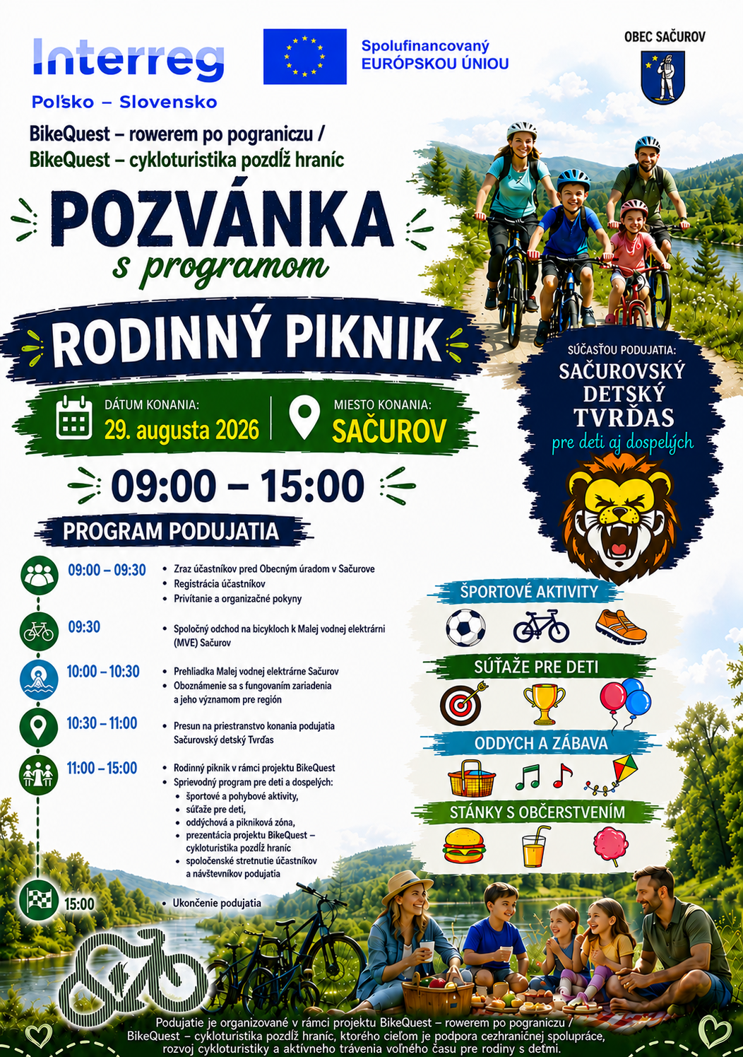 Zapraszamy na&nbsp;piknik rodzinny w&nbsp;Sacurovie na&nbsp;Słowacji, w&nbsp;ramach realizacji projektu BikeQuest - wersja plakatu SK