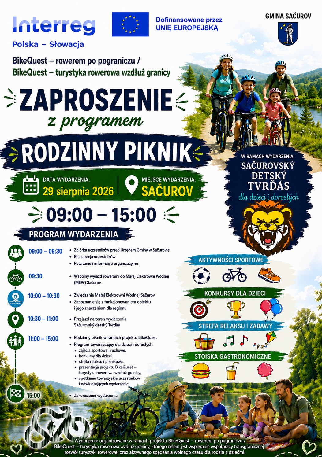Zapraszamy na&nbsp;piknik rodzinny w&nbsp;Sacurovie na&nbsp;Słowacji, w&nbsp;ramach realizacji projektu BikeQuest- wersja plakatu PL