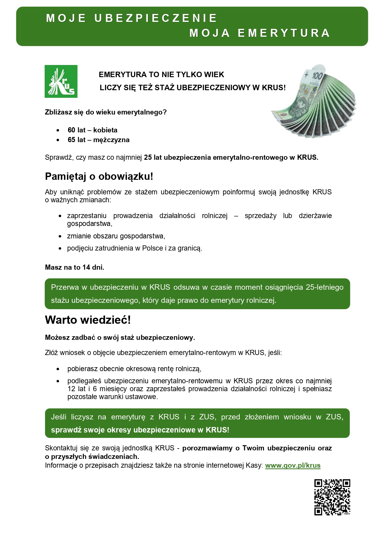 plakat Plac&oacute;wka Ternowa KRUS w&nbsp;Sanoku infrmuje &bdquo;Moje ubezpieczenie &ndash; Moja emerytura&rdquo;