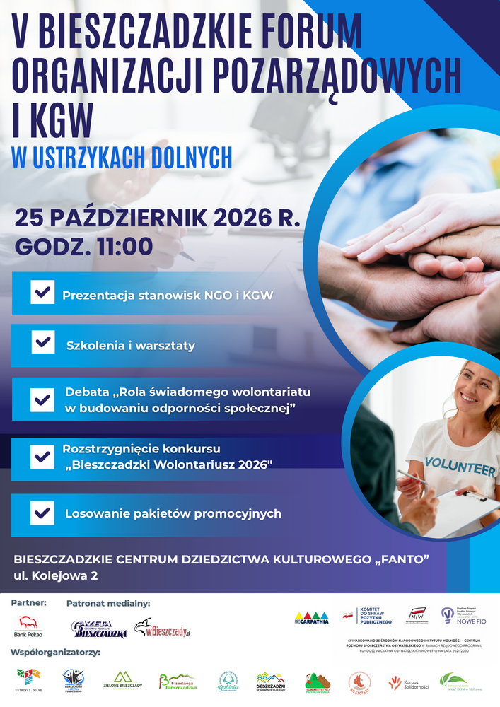 plakat V Bieszczadzkie Forum Organizacji Pozarządowych i&nbsp;KGW w&nbsp;Ustrzykach Dolnych 2026