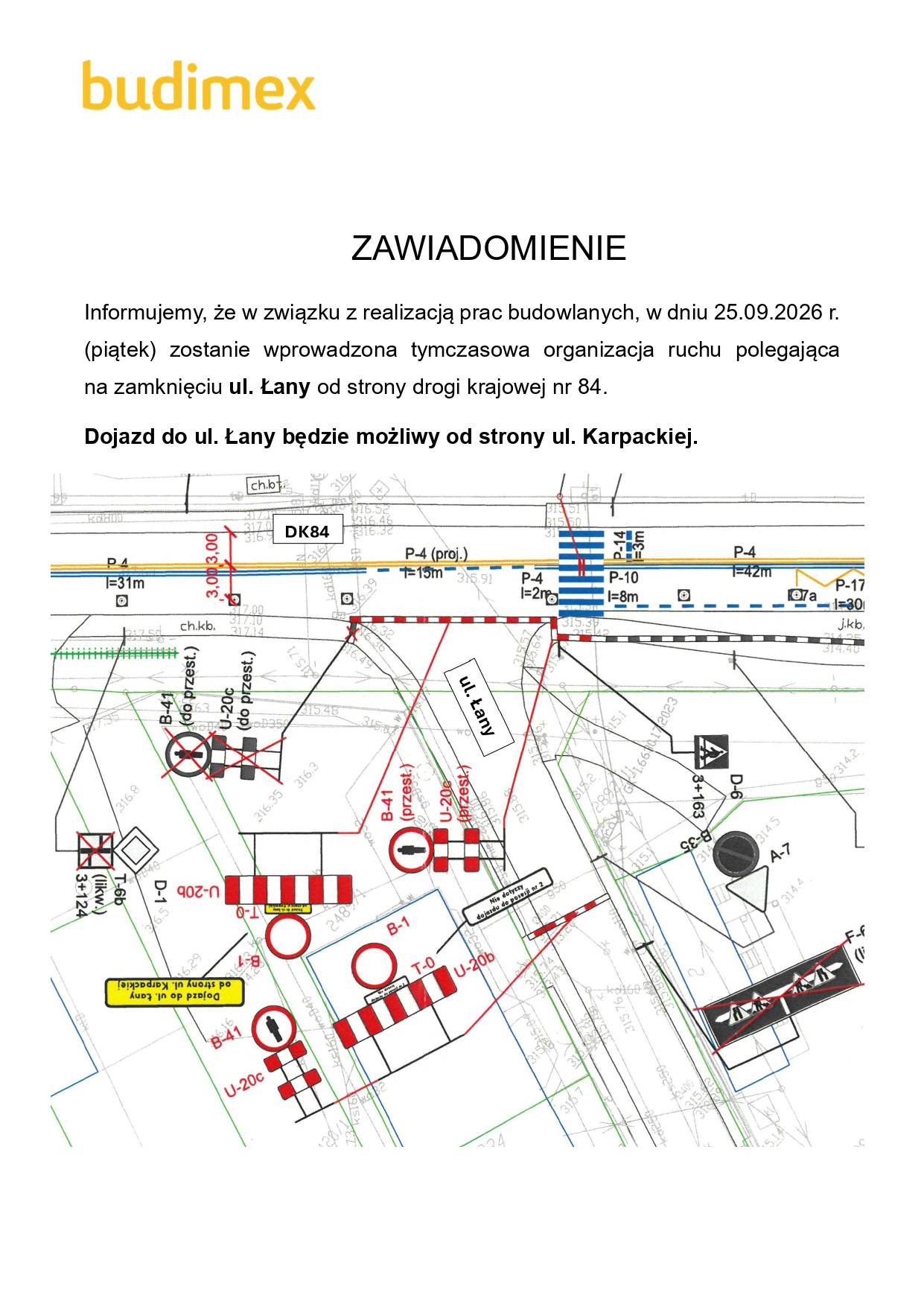 informacja BUDIMEX o&nbsp;zamknięciu ulicy Łany (Bykowce) 2026