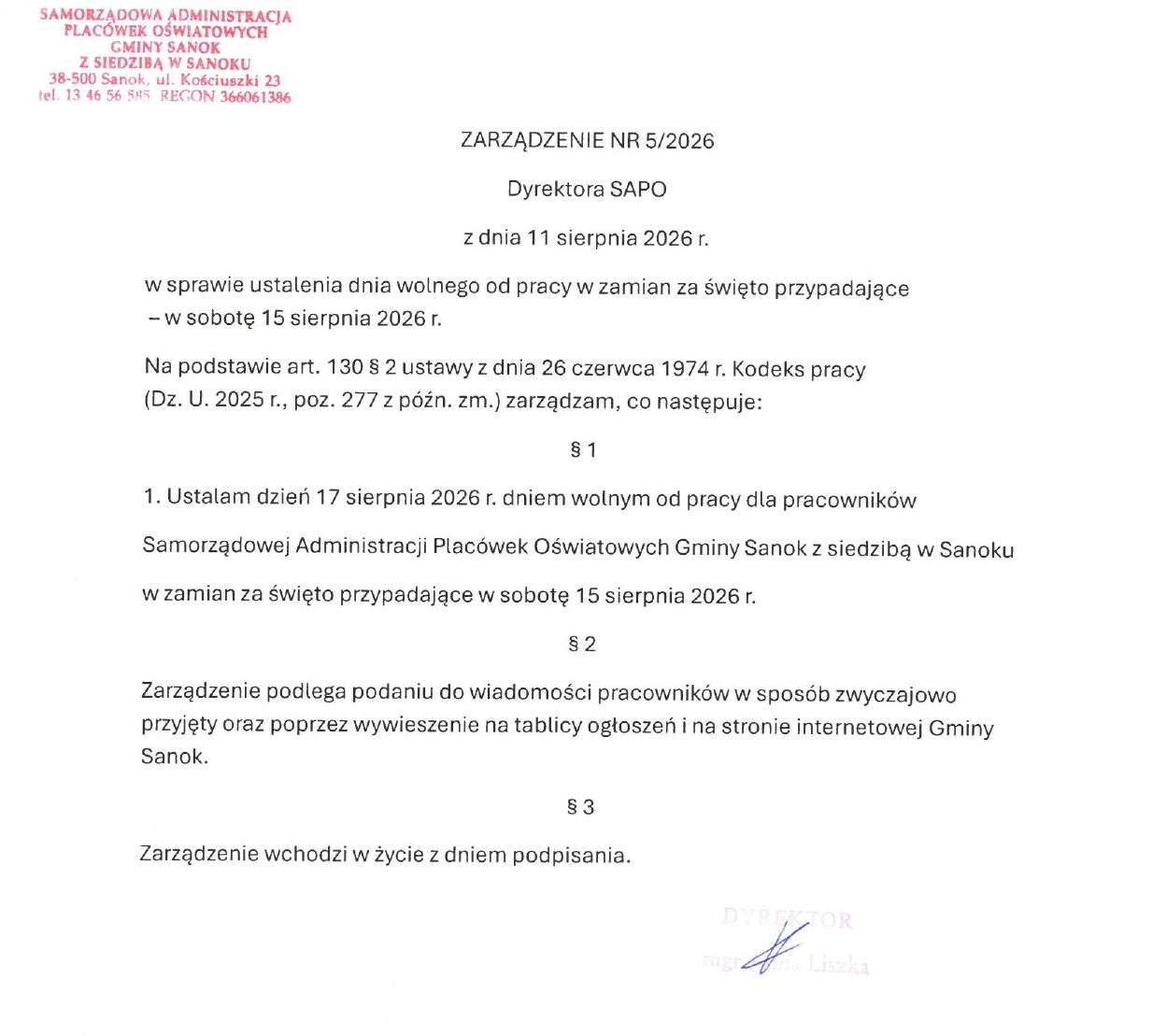 Zarządzenie Dyrektora SAPO w&nbsp;sprawie dnia wolnego za święto przypadające 15 sierpnia 2026 r. 