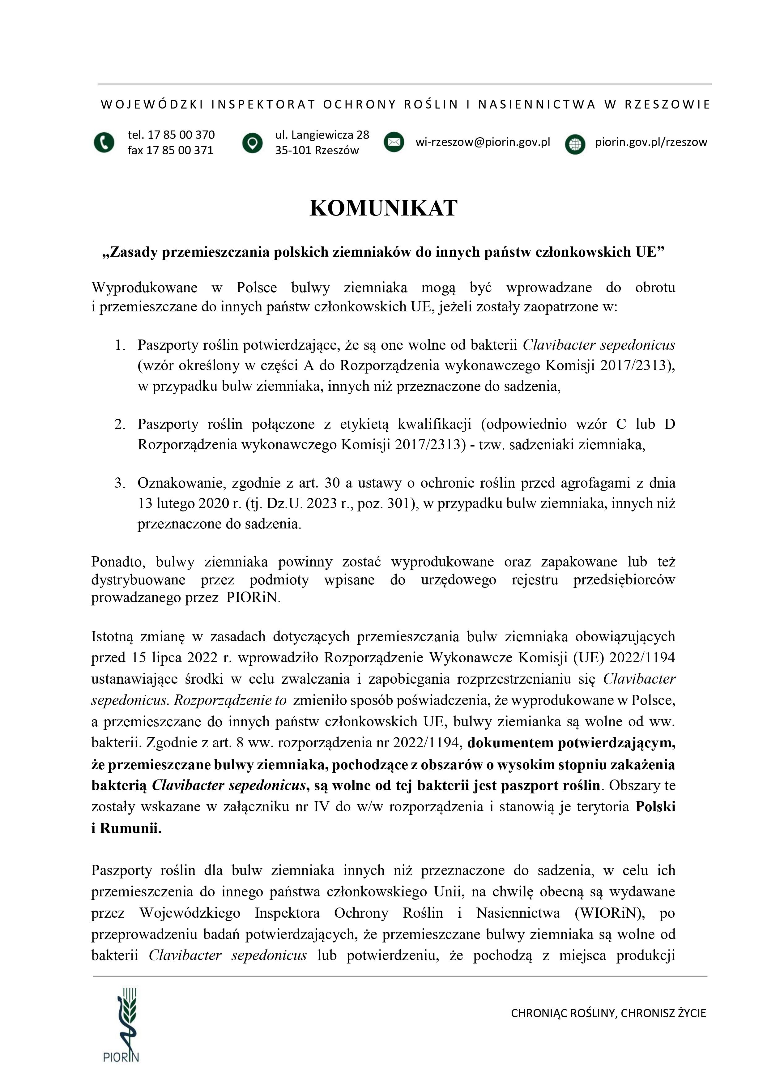 Zasady przemieszczania polskich ziemniaków do innych państw członkowskich UE