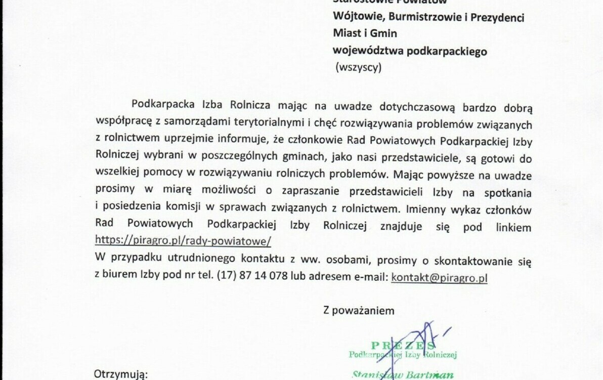 Zdjęcie do Podkarpacka Izba Rolnicza informuje o gotowości pomocy w rozwiązywaniu problem&oacute;w związanych z rolnictwem