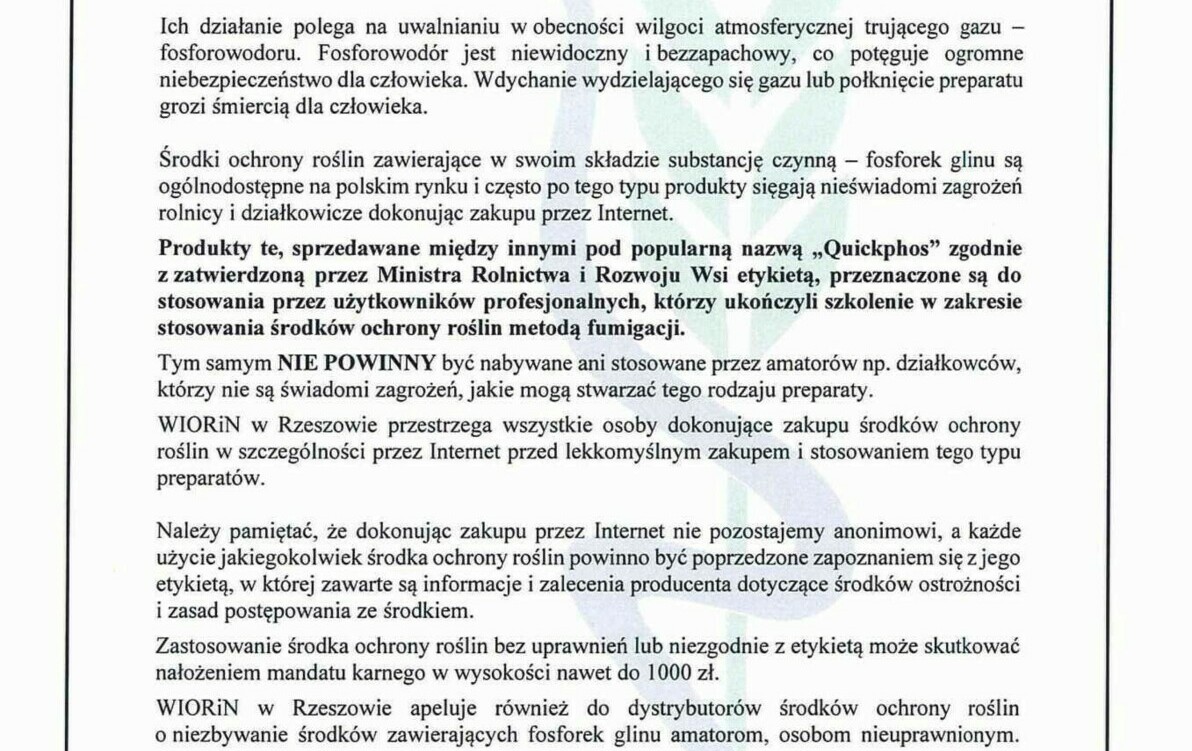 Zdjęcie do WIORiN w Rzeszowie przestrzega przed nieświadomum zakupem i stosowaniem środk&oacute;w ochrony roślin z fosforkiem glinu