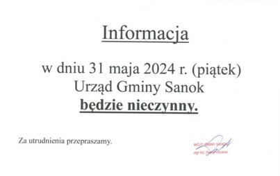 Zdjęcie do Uwaga! 31 maja br. Urząd Gminy Sanok NIECZYNNY!