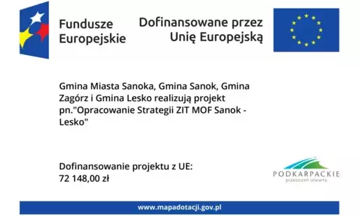 plakat informujący o realizacji projektu Gmina Miasta Sanoka, Gmina Sanok, Gmina Zagórz i Gmina Lesko pn.'Opracowanie Strategii ZIT MOF Sanok - Lesko' 