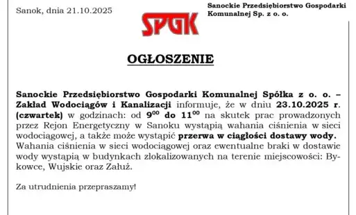 Przerwa w dostawie wody w miejscowościach Bykowce, Załuż, Wujskie