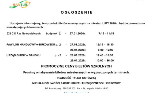 Sprzedaż biletów miesięcznych przewoźnika SANTUR Sp. z o.o. na LUTY 2026 r.
