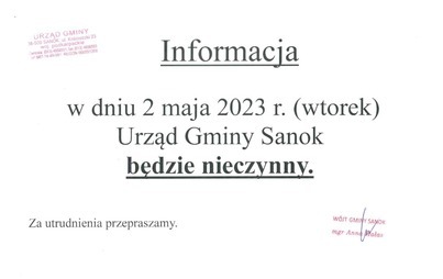 Zdjęcie do Uwaga! 2 maja 2023 r. Urząd Gminy Sanok nieczynny!
