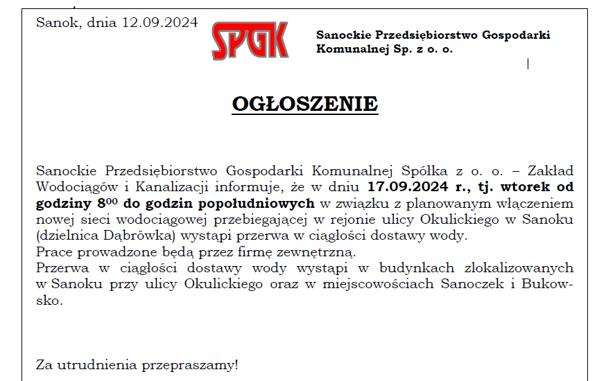 Zdjęcie do OGŁOSZENIE: przerwa w dostawie wody w Sanoczku