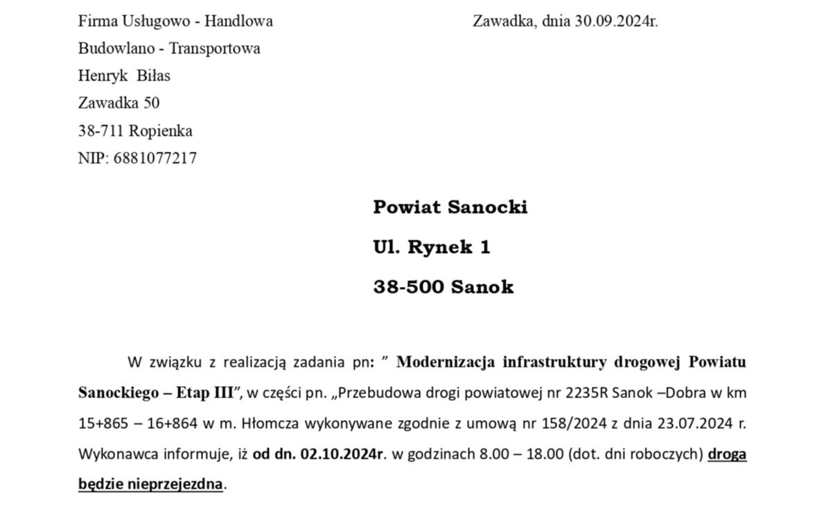 Zdjęcie do AKTUALIZACJA: informacja nt. zamknięcia drogi Hłomcza-Dobra