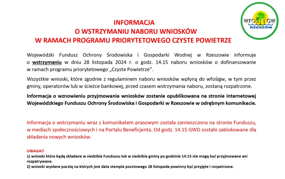 Zdjęcie do Informacja o wstrzymaniu naboru wniosk&oacute;w w ramach Programu Priorytetowego "CZYSTE POWIETRZE"
