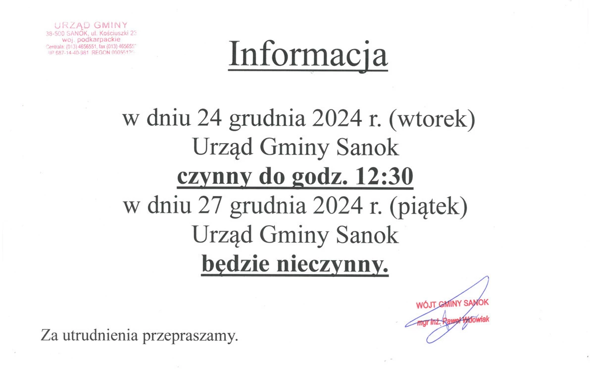 Zdjęcie do INFORMACJA dla mieszkańc&oacute;w - zmiana godzin pracy Urzędu