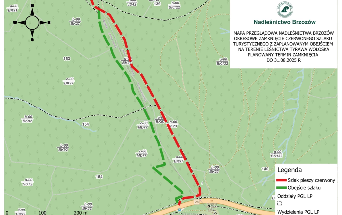 mapa Pismo przewodnie - informacja o zamknięciu szlaku czerwonego na terenie miejscowości Tyrawa Wołoska