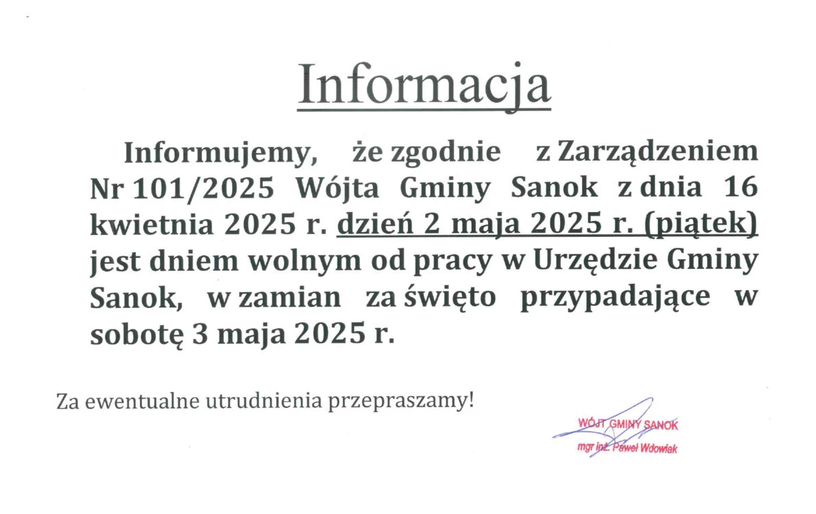 Zdjęcie do KOMUNIKAT: W piątek 2 maja br. urząd nieczynny!