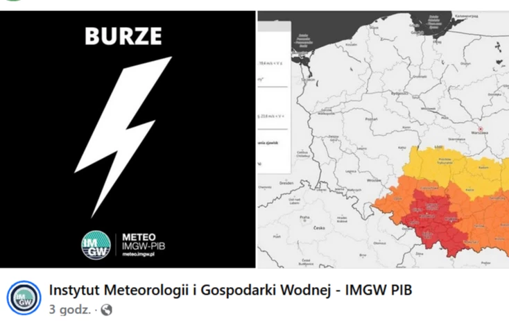 Zdjęcie do Alert pogodowy! IMGiW PIB ostrzega przed burzami, silnym wiatrem i możliwym gradem