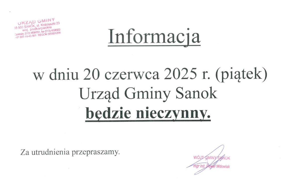 Zdjęcie do W piątek 20 czerwca br. Urząd Gminy nieczynny!