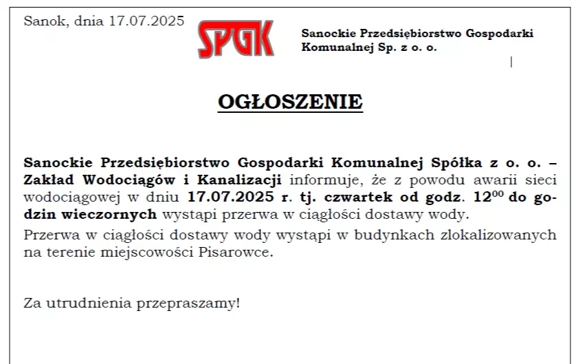 Zdjęcie do Uwaga Pisarowce! Przerwa w dostawie wody