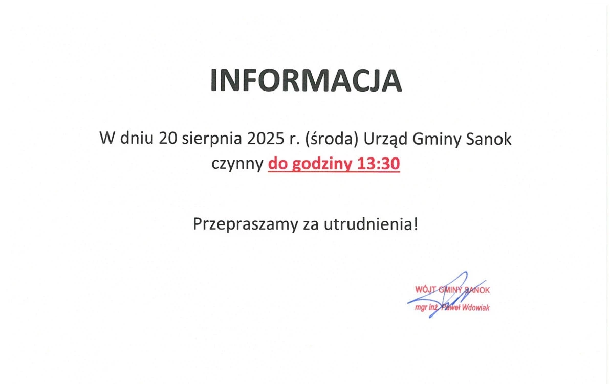 Zdjęcie do Uwaga! W środę 20 sierpnia br. Urząd czynny kr&oacute;cej!