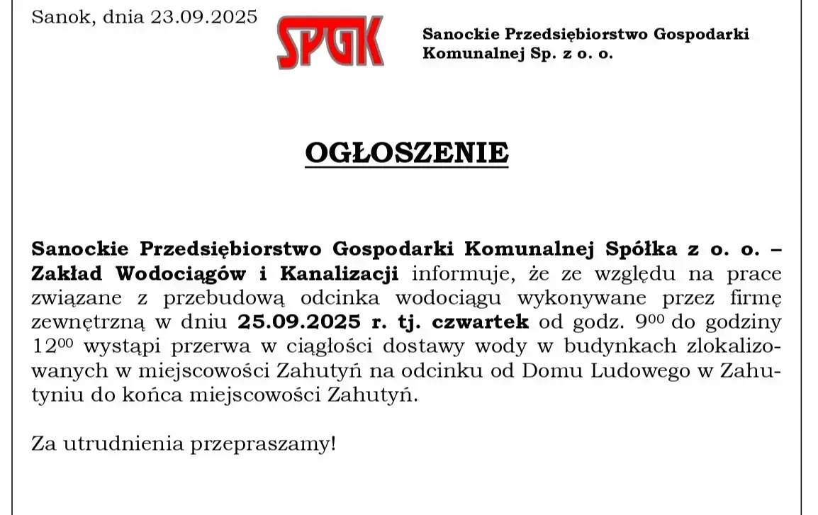 Zdjęcie do Ogłoszenie SPGK - przerwa w dostawie wody