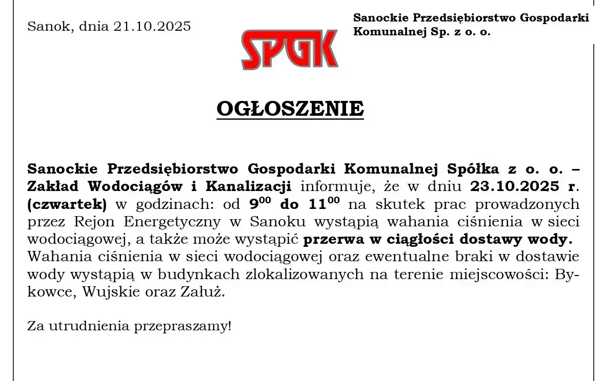 Zdjęcie do Przerwa w dostawie wody w miejscowościach Bykowce, Załuż, Wujskie