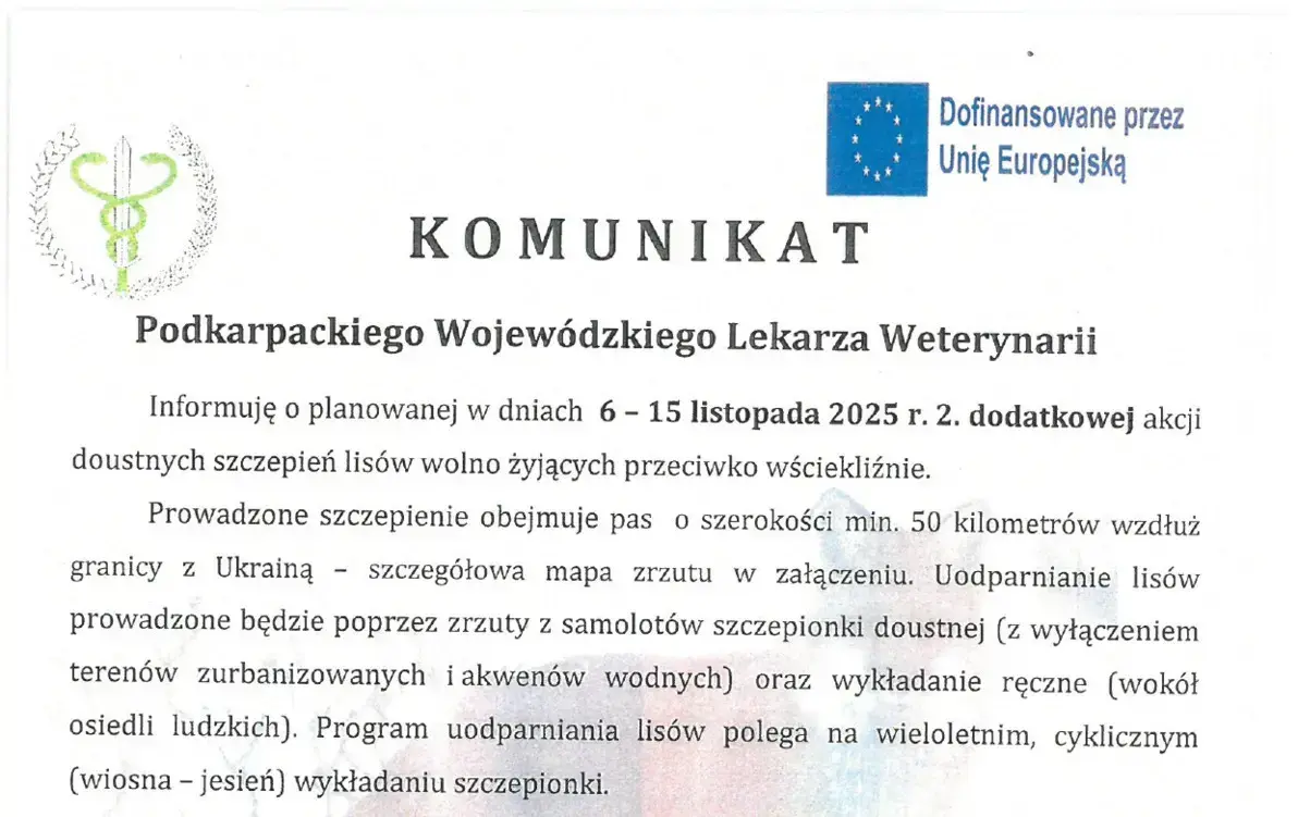 Zdjęcie do KOMUNIKAT Podkarpackiego Wojew&oacute;dzkiego Lekarza Weterynarii! Listopadowa akcja szczepienia lis&oacute;w