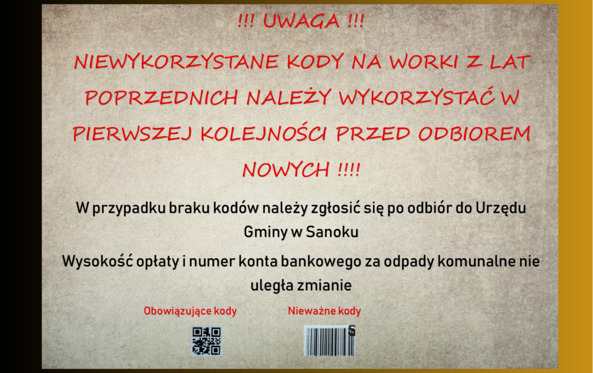 Zdjęcie do Uwaga! Informacja dotycząca KOD&Oacute;W na worki z odpadami