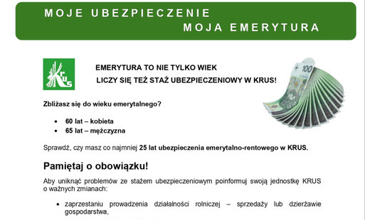 Placówka Terenowa KRUS w Sanoku infrmuje „Moje ubezpieczenie – Moja emerytura”