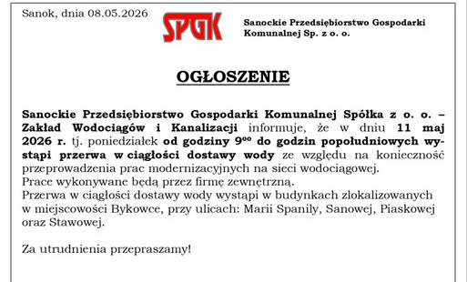Komunikat: Przerwa w dostawie wody w Bykowcach