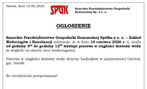 Uwaga! Przerwa w ciągłości dostawy wody w Czerteżu