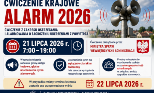 Ogólnokrajowe ćwiczenie „Alarm 2026” – 21 lipca. Mieszkańcy usłyszą syreny alarmowe Szanowni Mieszkańcy Gminy Sanok