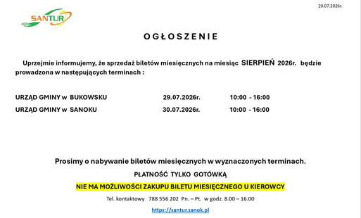 Sprzedaż biletów miesięcznych przewoźnika SANTUR Sp. z o.o. na SIERPIEŃ 2026 r.